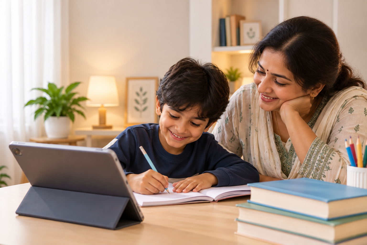 A woman smiling while studying with a tablet and notebook